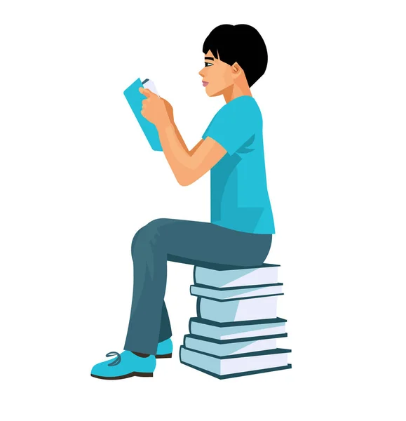 Vektor Isolerad Figur Asiatisk Tonåring Skolpojke Som Läser Bok — Stock vektor