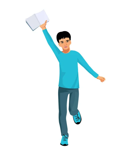 Figura Aislada Vectorial Estudiante Coreano Corriendo Con Libro Abierto Sus — Vector de stock