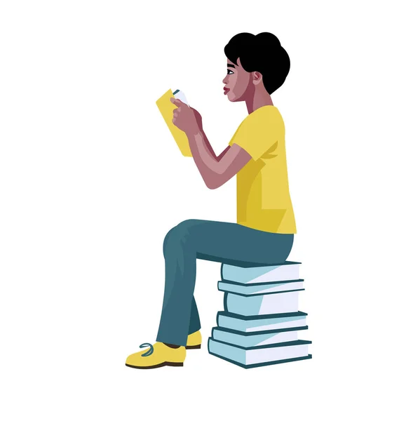 Vektor Isolerad Figur Afrikansk Tonåring Skolpojke Som Läser Bok — Stock vektor