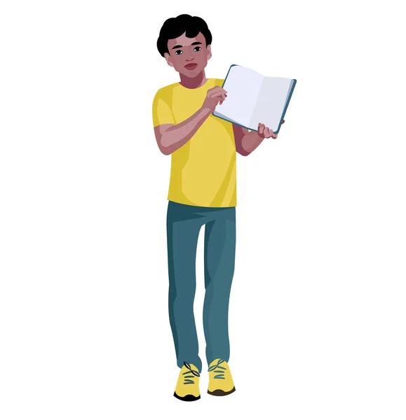 Figura Aislada Vectorial Colegial Negro Pie Con Libro Sus Manos — Vector de stock