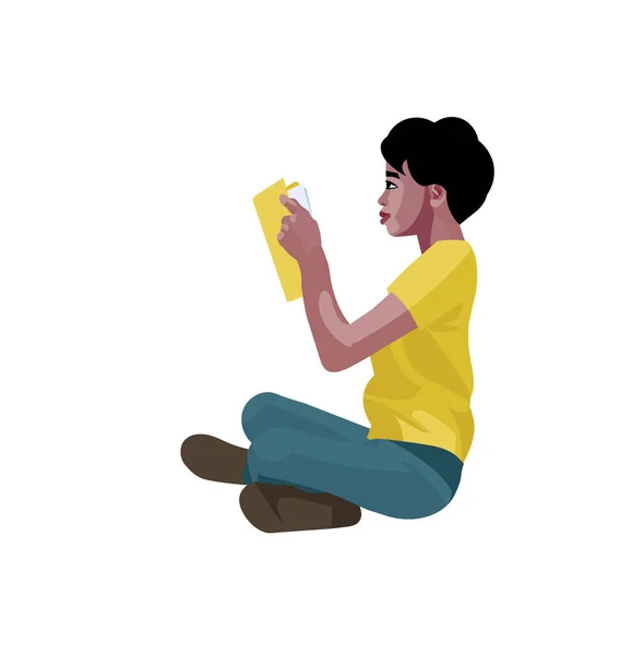 Figure Vectorielle Isolée Adolescent Africain Lisant Livre Assis Sur Sol — Image vectorielle