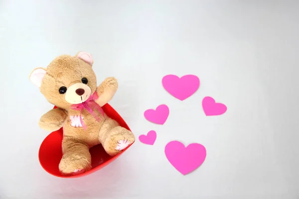 Teddy Bear Pink Hearts White Background Valentine Day Advertising Baner — Stock Photo, Image