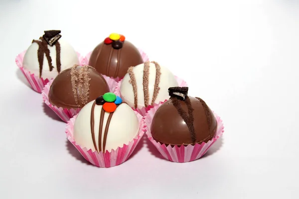 Set Chocolate Bombs Marshmallow Filling White Chocolate White Background — Stock Photo, Image