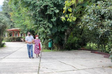 Anne ve oğul, kızıl saçlı büyükanne koruyucu maskeler takan Latin yetişkin bir adamla kol kola yürüyor bitki ve bitki örtüsü.