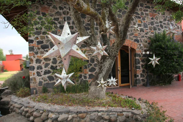 Décoration Jardin Étoiles Argentées Ornant Arbre Extérieur Maison Pierre — Photo