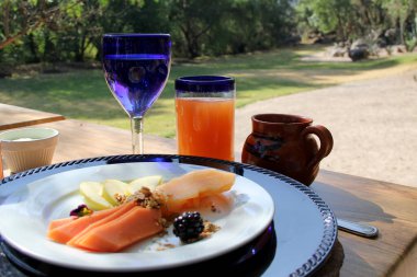 Sağlıklı ve organik kahvaltı, meyve ve içecek tabaklar ve bardaklarda. Zarif bir kahvaltı.