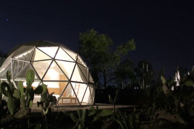 Kaktüs gece görüşü ortasında Glamping Jeodezik Kubbe lüks kamp çadırı