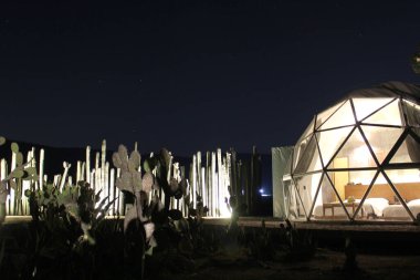 Kaktüs gece görüşü ortasında Glamping Jeodezik Kubbe lüks kamp çadırı