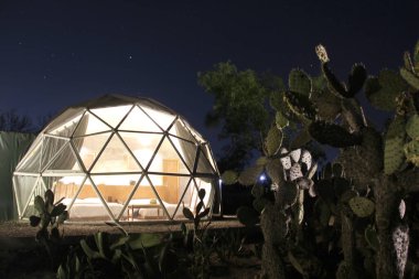 Kaktüs gece görüşü ortasında Glamping Jeodezik Kubbe lüks kamp çadırı