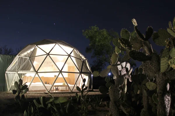 Glamping Geodesic Dome Barraca Acampamento Luxo Meio Visão Noturna Cacto — Fotografia de Stock