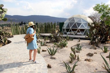 Jeodezik bir çadırın dışında gökyüzünü ve yıldızları görmek için saydam pencereleri olan Latin bir kadın.