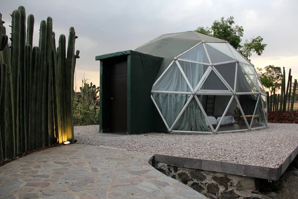 Tienda Cúpula Geodésica Para Glamping Medio Del Bosque Cactus México — Foto de Stock