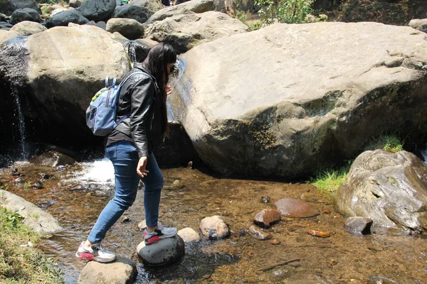 Vrouw Alleen Midden Het Bos Aan Het Verkennen Mediteren Tussen — Stockfoto