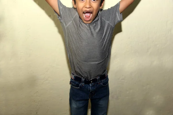 Feliz Niño Latino Años Sonriendo Chimuelo Posando Con Cámara —  Fotos de Stock