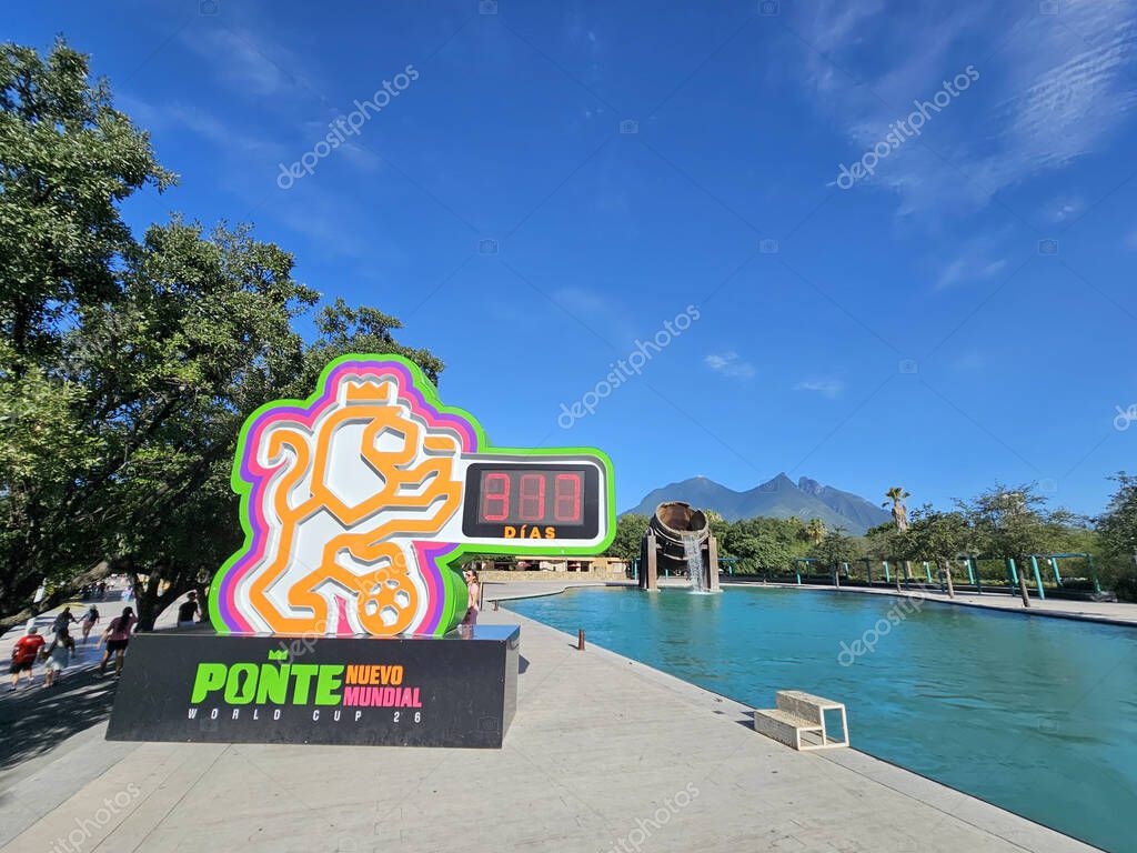 Monterrey, Nuevo Leon, Mexico - Jul 29, 2025: Clock at Fundidora Park in Monterrey displays the countdown to the 2026 FIFA World Cup