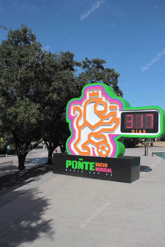 Monterrey, Nuevo Leon, Mexico - Jul 29, 2025: Clock at Fundidora Park in Monterrey displays the countdown to the 2026 FIFA World Cup