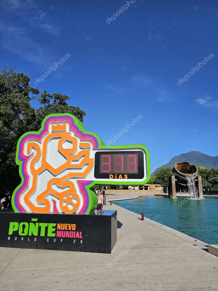 Monterrey, Nuevo Leon, Mexico - Jul 29, 2025: Clock at Fundidora Park in Monterrey displays the countdown to the 2026 FIFA World Cup