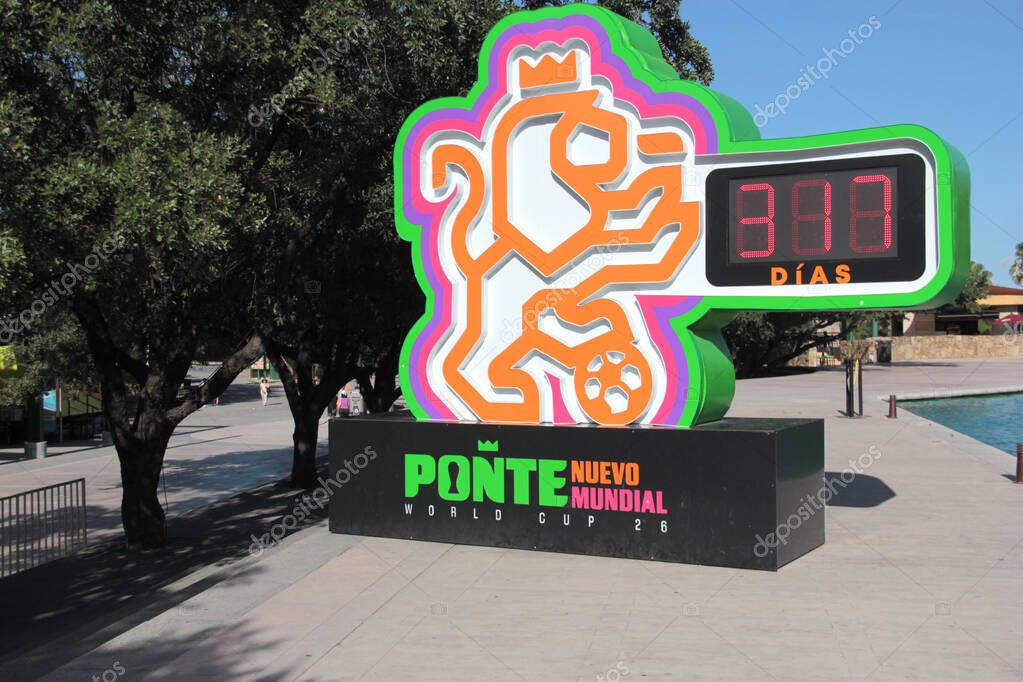 Monterrey, Nuevo Leon, Mexico - Jul 29, 2025: Clock at Fundidora Park in Monterrey displays the countdown to the 2026 FIFA World Cup