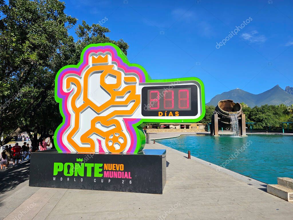 Monterrey, Nuevo Leon, Mexico - Jul 29, 2025: Clock at Fundidora Park in Monterrey displays the countdown to the 2026 FIFA World Cup