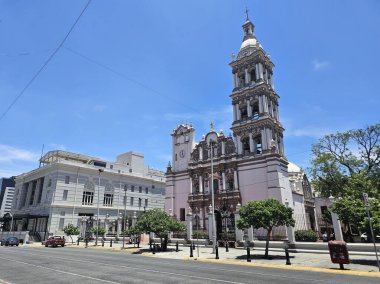 Monterrey, Nuevo Leon, Meksika - 30 Temmuz 2025: Meksika 'nın Nuevo Leon eyaletinin başkenti Macroplaza' nın yanındaki Tertemiz Gebelik Katedrali