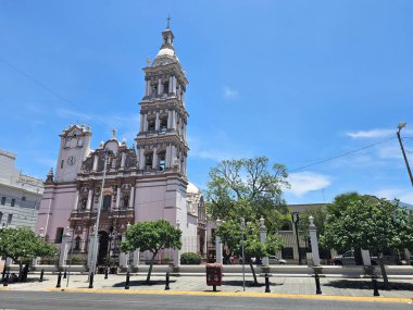 Monterrey, Nuevo Leon, Meksika - 30 Temmuz 2025: Meksika 'nın Nuevo Leon eyaletinin başkenti Macroplaza' nın yanındaki Tertemiz Gebelik Katedrali