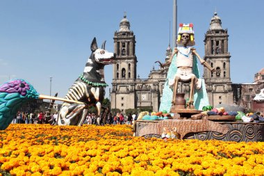 Mexico City, Meksika - 31 Ekim 2025 Mexico City Zocalo 'da anıtsal Ölüler Günü kadife çiçekleri arasında insan ve köpek iskeleti figürleri ile