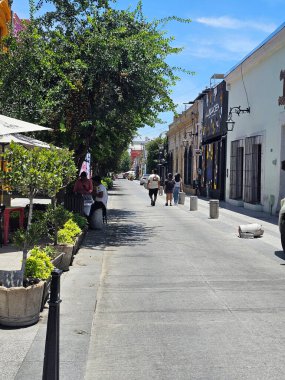 Monterrey, Nuevo Leon, Meksika - 30 Temmuz 2025: Monterrey şehir merkezindeki Koloni tarzı binalar, kafeler, restoranlar ve evler