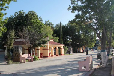 Cuatro Cienegas, Coahuila, Meksika - 28 Temmuz 2025: Coahuila, Meksika 'daki Cuatro Cienegas de Carranza' nın merkezindeki kaldırım taşı sokakları, park ve kilise