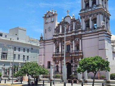 Monterrey, Nuevo Leon, Meksika - 30 Temmuz 2025: Meksika 'nın Nuevo Leon eyaletinin başkenti Macroplaza' nın yanındaki Tertemiz Gebelik Katedrali