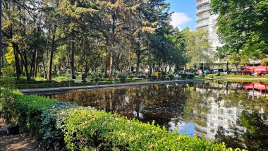 Mexico City, Mexico - 14 Ocak 2026: Polanco 'daki Lincoln Park veya Aynalar Parkı, regattas ve minyatür model tekneli filolarla çevrili evler ve binalarla çevrili.