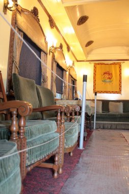 Zumpango, Meksika Eyaleti - 4 Şubat 2026 - Meksika Cumhurbaşkanı tarafından kullanılan Olivo Başkanlık Treni, AIFA 'nın Santa Lucia Askeri Hava Üssü' nde bulunan tarihi ve kültürel bir eğlencedir.