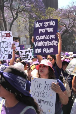 Mexico City, Mexico - 8 Mart 2025 - 8 Mart 2025 Uluslararası Kadınlar Günü, CDMX 'te eşitlik, şiddet, kadın cinayeti, maçoluğu ve ayrımcılığı kınamak amacıyla düzenlenen yürüyüşdür.