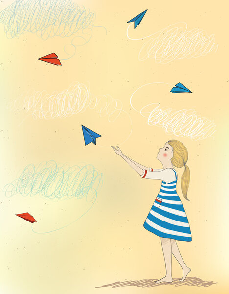 little girl with paper airplanes