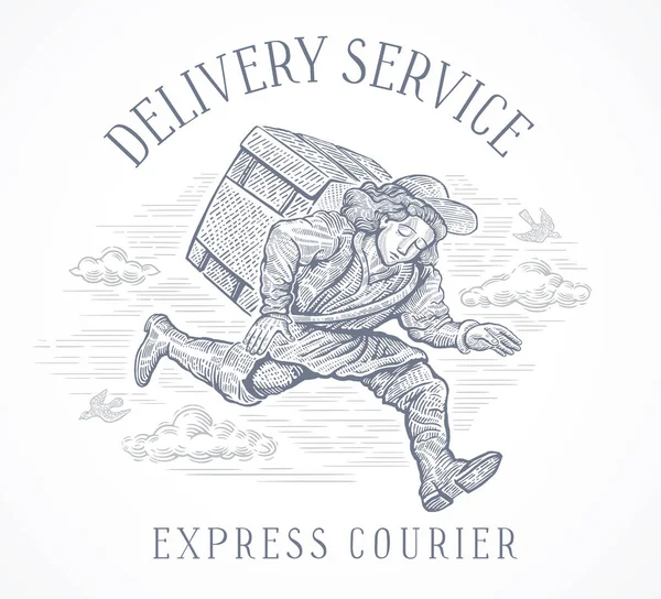 Courier Drawn Symbolic Style Engraving Hurry Deliver Cargo — Stock Vector