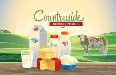Dairy products and landscape with cow