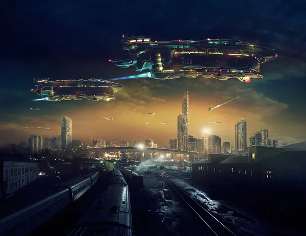 Urban post apocalyptic landscape with flying spaceships