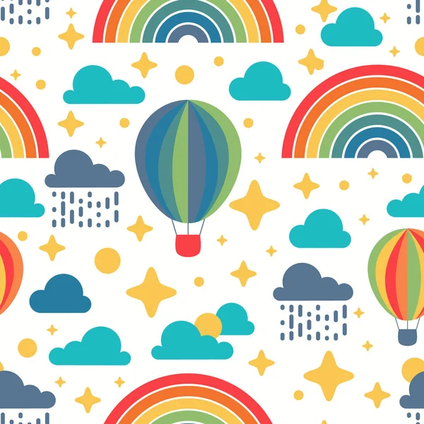 Vektor Nahtlose Muster Mit Heißluftballons Wolken Regenbogen Sonne Isoliert Auf lizenzfreie Stockillustrationen