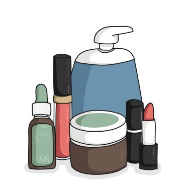 Vector set of different hand-drawn packages for decorative cosmetics isolated on the background. Blank template of containers for lipstick, mascara, cream, tonic.