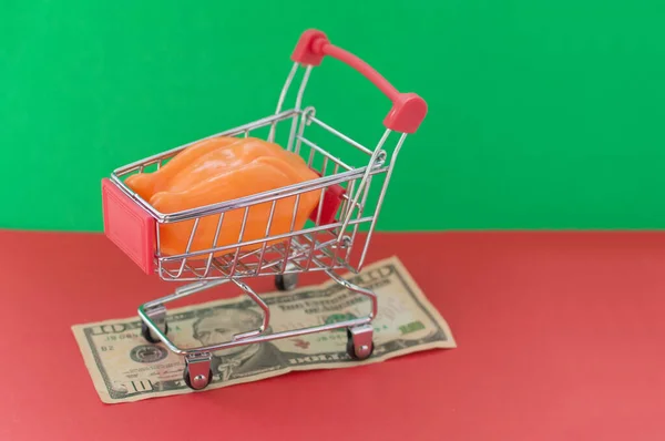 Kırmızı Yeşil Arka Planda Plastik Tavuklu Bir Alışveriş Sepeti Banknotun — Stok fotoğraf