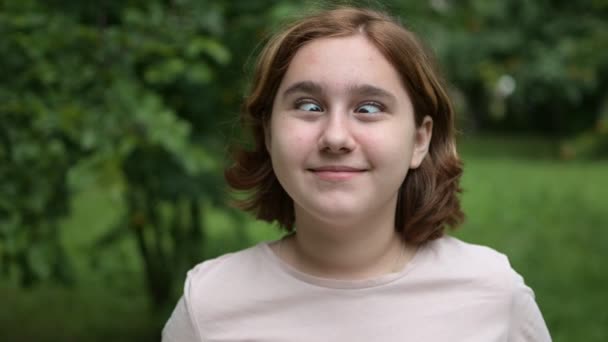 소녀는 공원의 카메라 앞에서 웃음거리로 얼굴을 그린다 과즐길 — 비디오