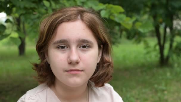 Portrait Teenage Girl Looking Camera Standing Street Park Summer Day — Stock Video