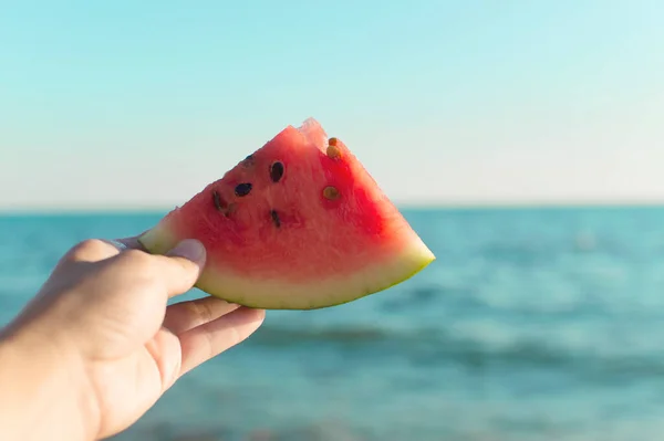 Hand Holds Slice Watermelon Background Sea Concept Tourism Beach Holidays — Stock Photo, Image