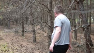 Bir adam mantar aramak için sık bir ormanda yürür.