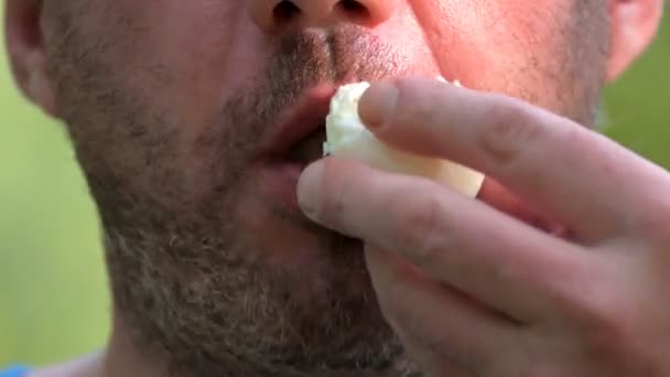 Nieogolony Mężczyzna Brodą Zjada Gotowane Jajko Tle Zielonej Natury Żuje — Wideo stockowe