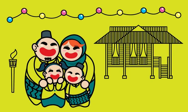 Een Gelukkige Moslimfamilie Die Raya Festival Viert Achtergrond Met Raya — Stockvector