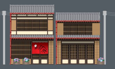 Japonya 'da iki güzel geleneksel ahşap bina. Düz renk arkaplan ile izole edilmiş vektör.