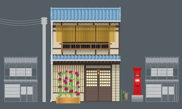 Bangunan Kayu Tradisional Yang Indah Jepang Vektor Diisolasi Dengan Latar - Stok Vektor