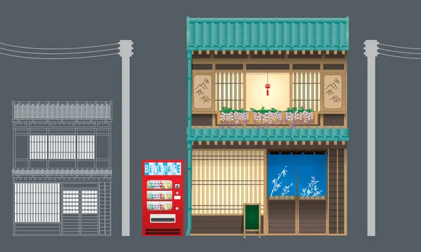 Tienda Modificada Del Edificio Tradicional Madera Japón Vector Aislado Con — Vector de stock