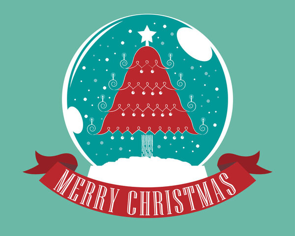 Рождественская елка в хрустальном шаре, в стиле карандашного штриха. Вектор. С твердым цветовым фоном.