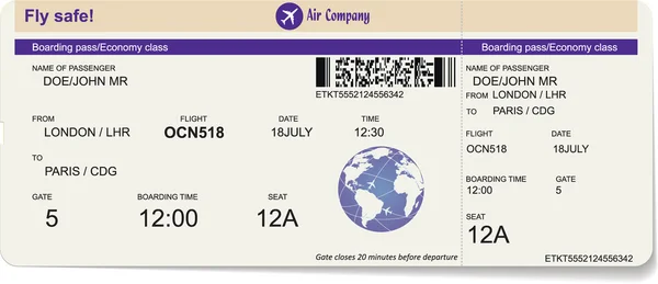 Modèle d'une carte d'embarquement ou d'un billet d'avion — Image vectorielle